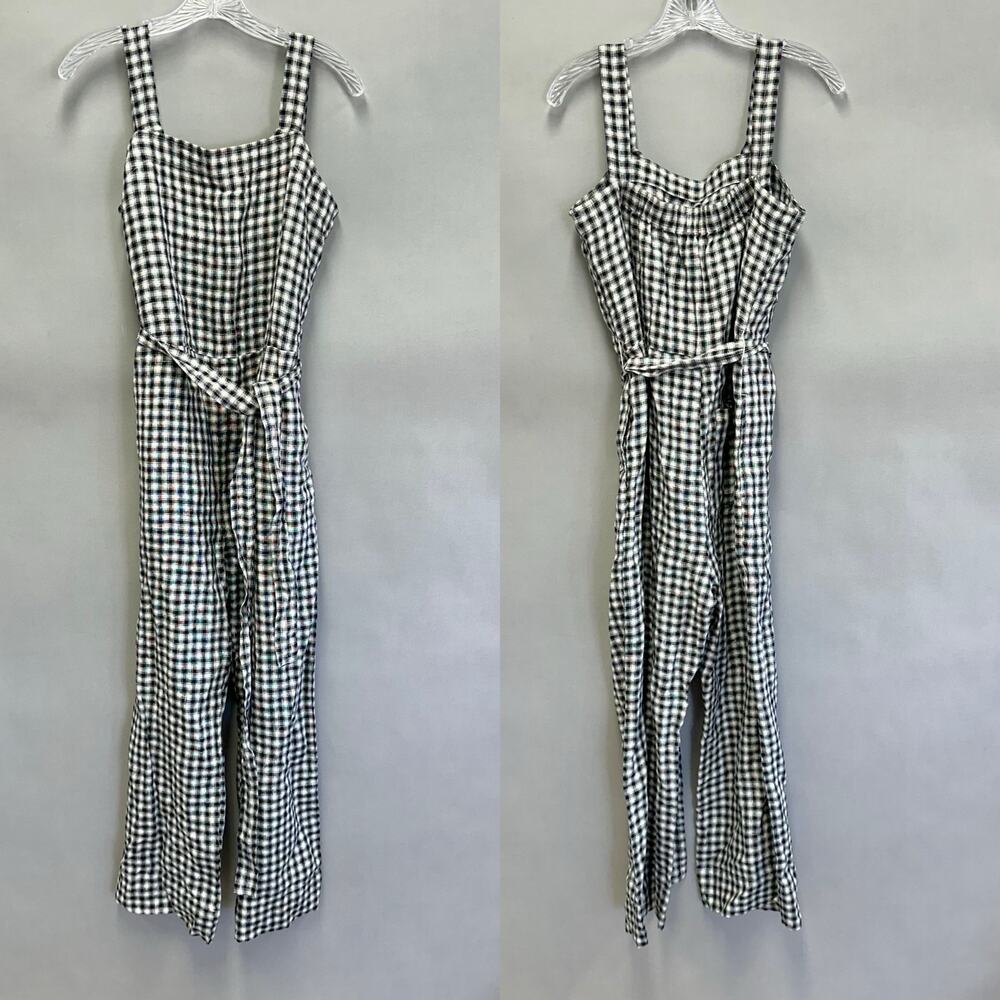 Quince European Linen Square Neck Jumpsuit in‎ Khaki/Black Gingham Medium NWT - Picture 5 of 16